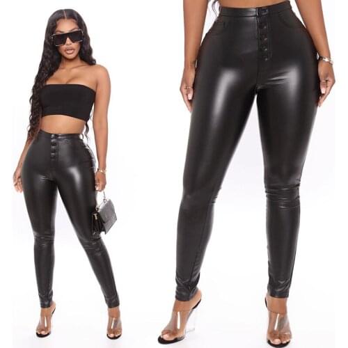 High Waist Faux Leather Pencil Pants Women Vintage Stretch PU Leather Bodycon Trousers Button Office Lady Slim Trousers Clubwear