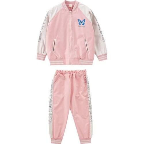Kids girls leisure suits Spring / autumn long sleeve butterfly print dress + pants 2pcs sets of new large child sports suit