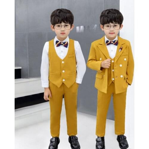 Childrens Formal Dress Suit Set Boys Double-breasted Banquet Wedding Party Performance Costume Kids Blazer Vest Pants Clothes