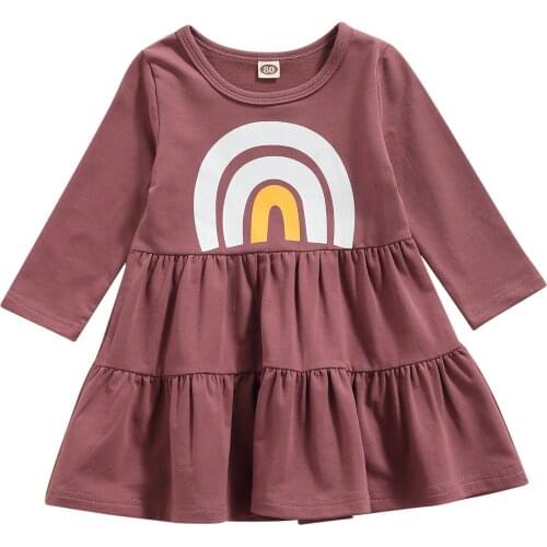 1-6Years Casual Kids Baby Girl Rainbow Print Dress Fall Spring Infant Baby Long Sleeve Round Collar Ruffles Dress A-Line