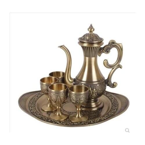 European bronze color metal wine set 1pot +4cups+1 tray wine decanter cocktail set decorativewhiskey decanter JJ063