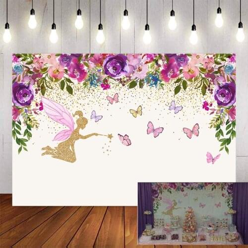 Photography Backdrop Pink Purple Flowers Custom Fairy Butterfly Girls Birthday Party Backgrounds Banner Photo Studio Photo Prop