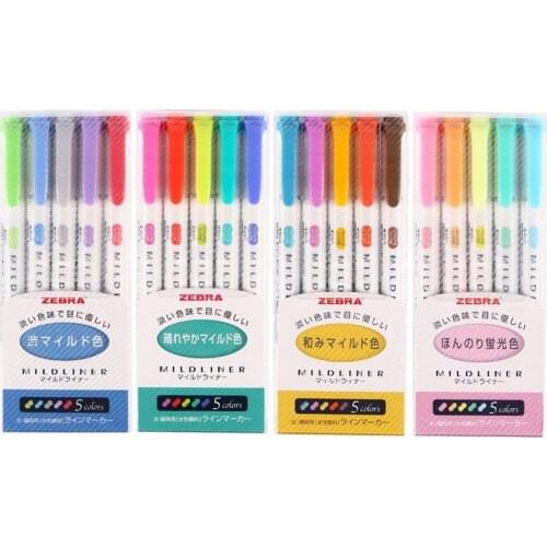 5 Pcs/ Set Zebra Mildliner Liner Double Headed Highlighter Pen Hook Pen Cute Art Mark Pen Zebra WKT7 Mildliner Japan Stationery