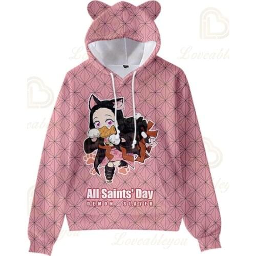 Demon Slayer Kamado Nezuko Kawaii Autumn Hoodie Cosplay Pink Hoodies for Kids Hooded Coat Cat Ear Jacket Halloween Party