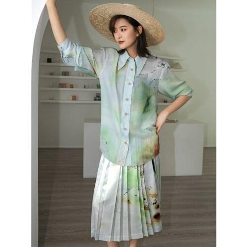 Chinese Style Ink Smudge Womens Fashion 2-Piece Set lapel Single-Breasted Shirt + Pleated Long Skirt Female Suit