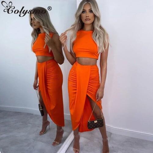 Colysmo Sexy Two Piece Set Women Summer Crop Top Split Midi Skirts 2 Piece Set Party Cub Wear Lavender Two Piece Outfits 2020