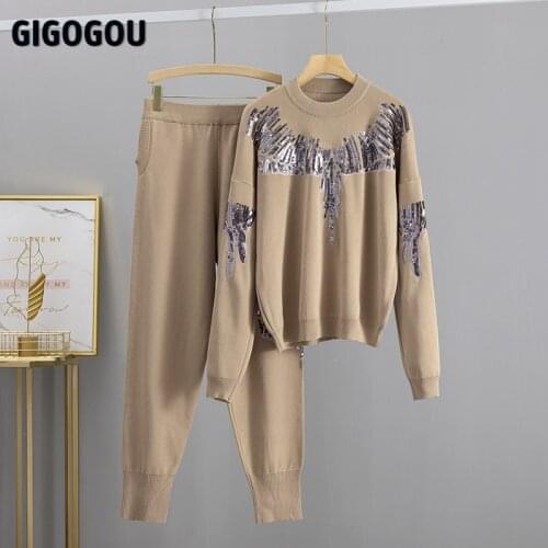 GIGOGOU Luxury Sequined Knit Women Sweater Tracksuits Y2K Oversized Pullover Sweaters 2 Pieces Harem Pant Sets Women Outfits