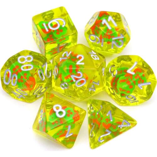 Haxtec Filled Resin Dice Set 7PCS Spirit Polyhedral RPG Dice Yellow for DND D&D, Pathfinder-Red Green Ghost Face