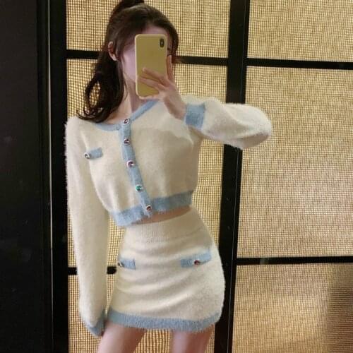 OL Mohair Sweater Jacket Autumn Winter Long-sleeved O-Neck Cashmere Knitted Cardigan Crop Tops Plus Skirt Dress Women Suits