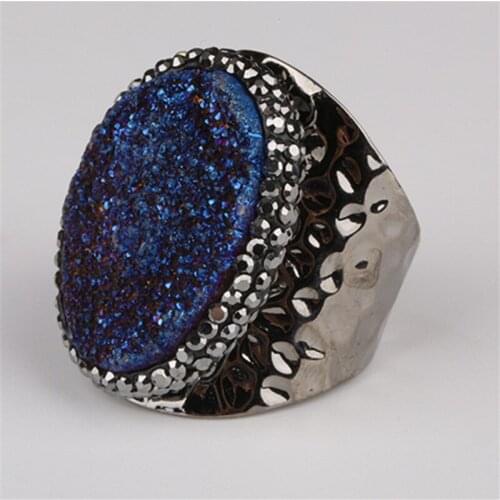 Oval dark blue rough druzy crystal stone bead charm pave rhinestone big wide wrapped hammered black open ring cuff 2020 jewelry