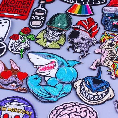 Punk Shark Patch Iron On Patches For Clothes Unicorn Skull Embroidered Patches For Clothing Stripes Applique Hippie Patch Badges