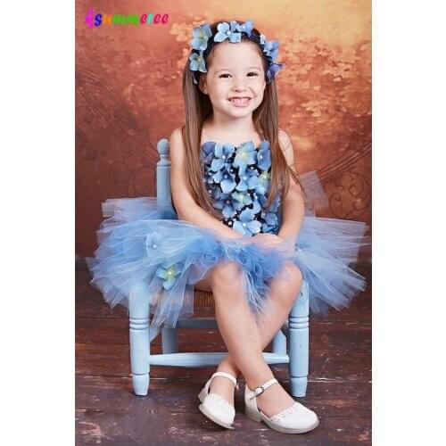 Girls Princess Blue Flower Tutu Dress with headband Children Bridesmaid Wedding Floral Costume Kids Formal Party TUTU Ball Gown