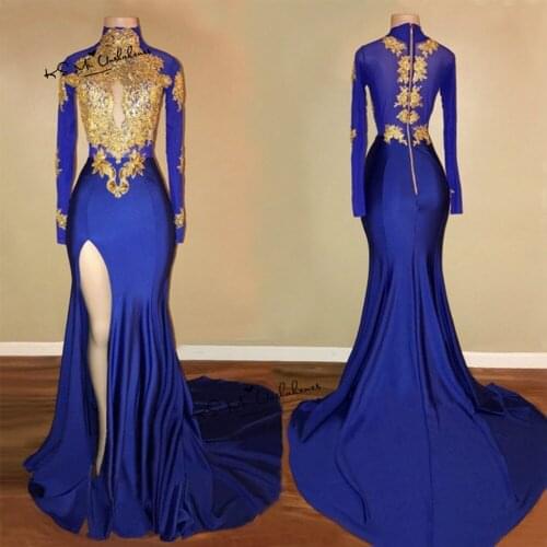 Sexy African Evening Dresses Long Sleeve Gold Lace Split High Neck Formal Prom Evening Gowns Mermaid Abiye Gece Elbisesi 2018