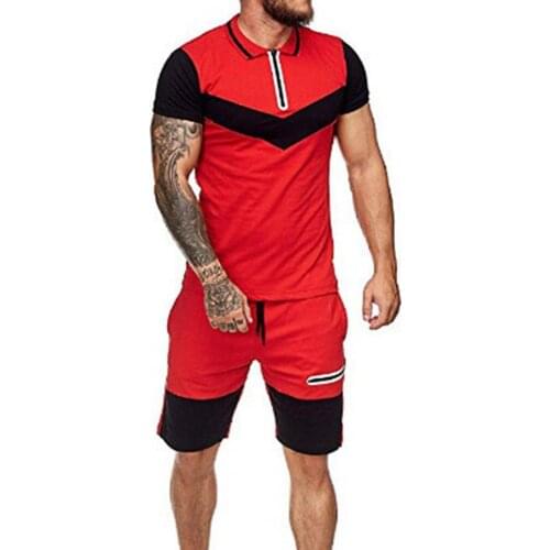 Tracksuit Color Block Drawstring Men Short Sleeve Lapel T-shirt Shorts Set for Fitness Mens Sets Fashion Clothing