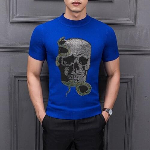 Slim Simple Heavy Craftsmanship Hot Drilling, Animal Theme Mens T-Shirt Breathable Sweater Knitted Bottoming Short Sleeves