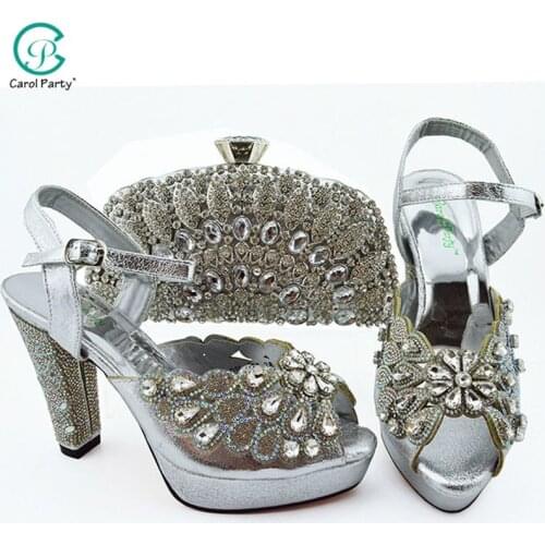 2021 African Newest Nigerian Hot Selling Italian Design Party Ladies Shoes and Bag Decorated With Rhinestone in Silver Color