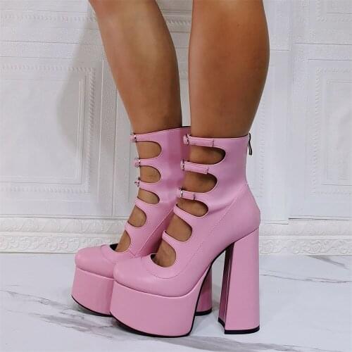 Real Photos Womens Platform Round Toe 15CM Chunky Square Heels Ankle Wrap Sandals Gold Pink Party Buckle Strap Shoes Big Size