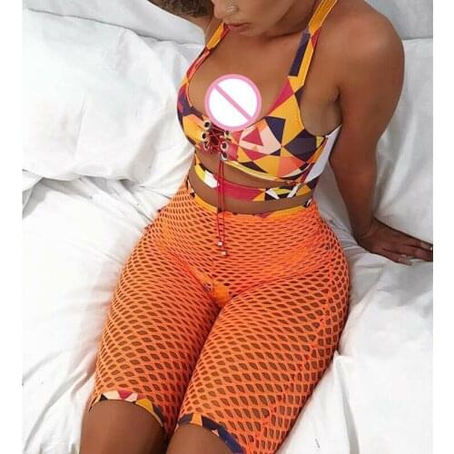 Women 3 Piece Bikini Sets Bra Bottom Shorts Sleeveless Printed Exposed Navel Hollow Out Stylish Swimwear Clothing