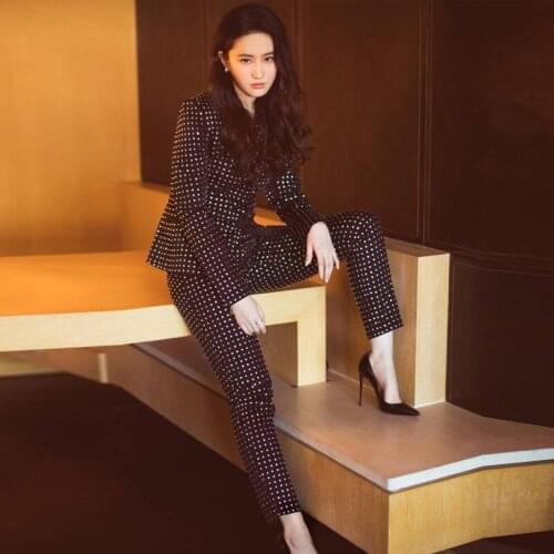 Brand Designer 2019 Spring Autumn Women Elegant Bling Hot Drill Rhinestone Pants Set Ladies Party Blazer + Pant 2 Pieces Set 253