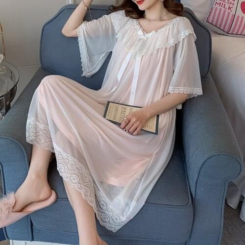 Vintage Romantic Nightgowns Women White Pink Tulle Lace Peignoir Victorian Sleep Night Dress Kawaii Fairy Sleepwear Nightwear