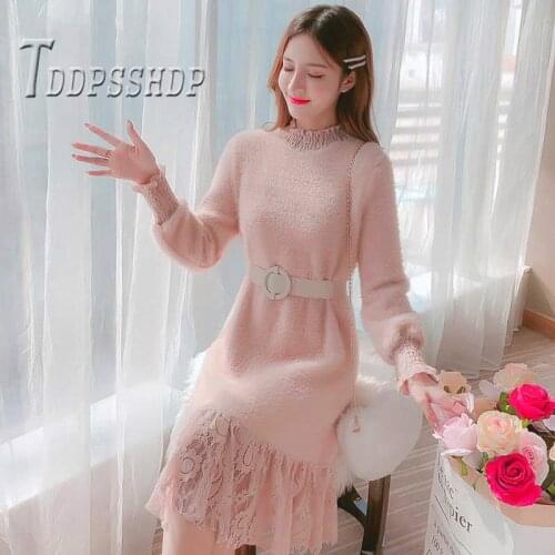 2019 Stand Collar Fluff Women Dress Patchwork Autumn Female Dresses
