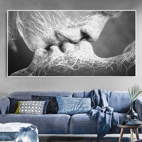 Gold Blue Grey Love Kiss Canvas Painting Abstract Wall Prints and Posters Pictures for Living Room Bedroom Home Wall Art Decora