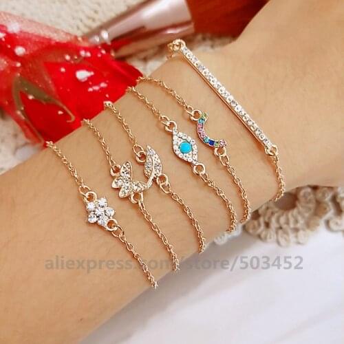 100set/lot Gold Color Bracelet Set WholesaleTemperament Crystal Bracelets Multi-layer Leaf Flower Eye Chain Jewelry For Women