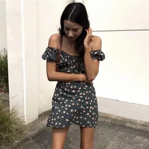 Foridol lace green dress women summer beach floral print dress vintage off shoulder short dress mini petite chiffon dress