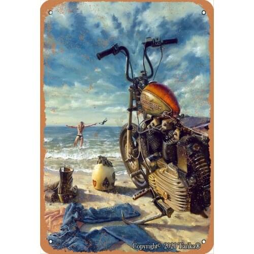 Art Motorcycle Beach The Sexy Lady in The Sea 20X30 cm Retro Look Metal Decoration Crafts Sign for Home Kitchen