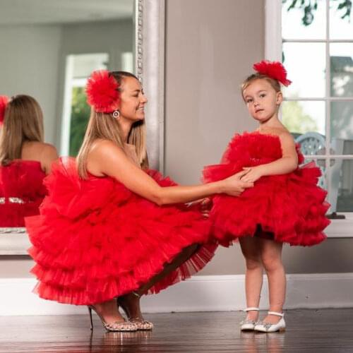 Custom Red Puffy Tulle Baby Girls Dresses Infant Birthday Dress Sheer Neck Mom Kid Matching Gowns Knee Length Photography