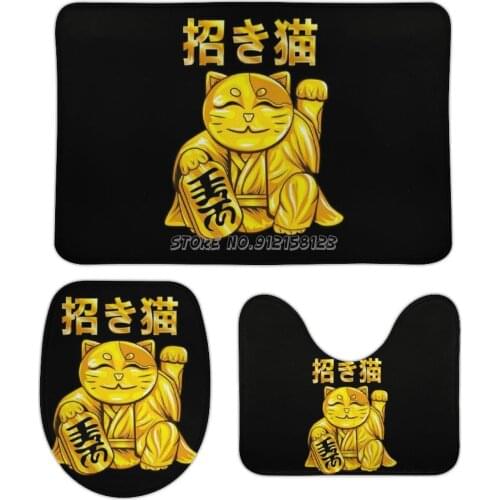 Maneki Neko 3pcs Bathroom Mats Set Bath Carpet Toilet Seat Cover Floor Mat Practical Bathroom Decor Cat Animal Japan Maneki Neko