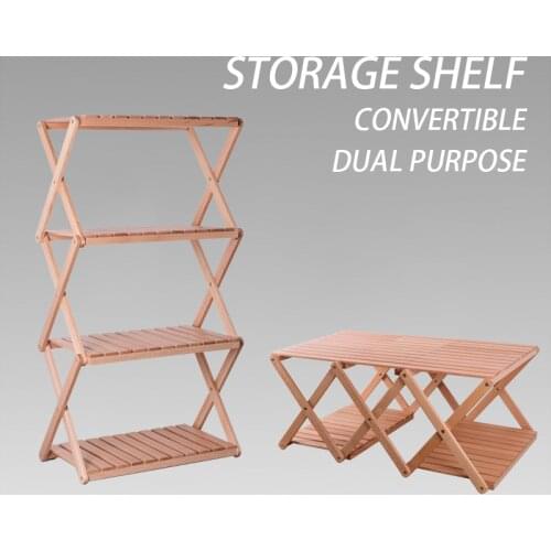 Outdoor Camping Multi-functional Solid Wood Folding Shelf Organizer Glamping Portable Table Home Storage Holder Rack Furniture