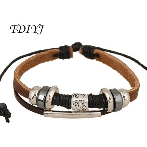 TDIYJ Multilayer Brown Lace-up Leather Warp Bracelets Adjustable Genuine Leather Bracelets Punk for Unisex Vintage Men Jewelry