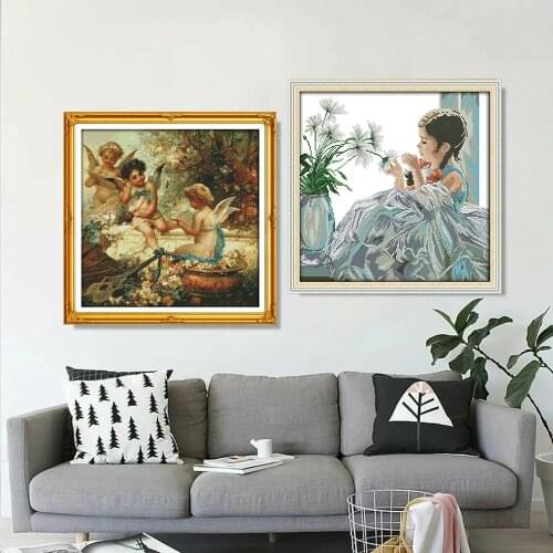 HUACAN Cross Stitch Girl Kits White Canvas DIY Cross-Stitch Figure Embroidery Needlework Sets 11CT 14CT Gift Home Decoration