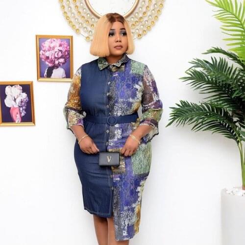 New Style Women Fashion Classic African Clothes Dashiki Commuter Denim Lace Stitching Dress Size L XL XXL FH951