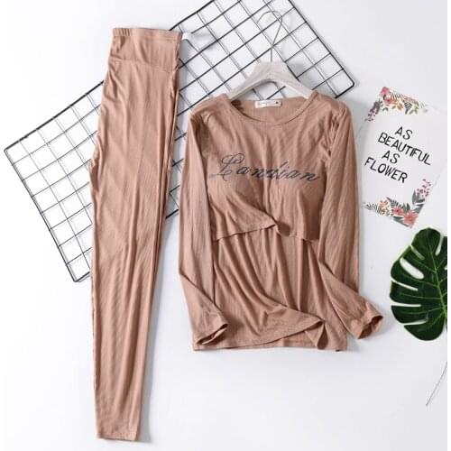 Maternity Sleepwear 2 Piece Set Long Sleeve Breastfeeding T-shirts with Pad+Adjustable Belly Pants Home Wear Pregnant Tracksuit