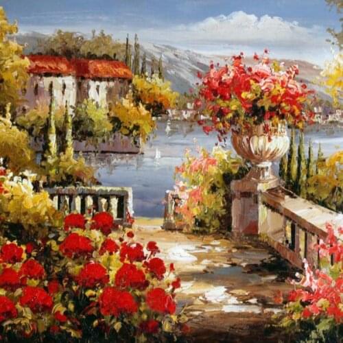 Scenery seaside garden cross stitch Oil painting girl 11/ 14ct /16/28/27CT cloth cotton thread embroidery DIY handmade