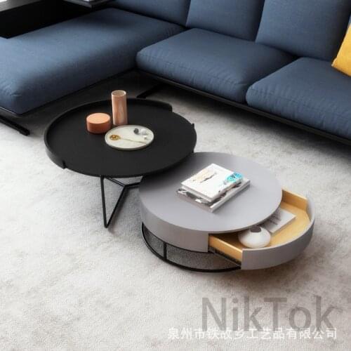 Nordic Solid Wood Luxury Coffee Table Simple Living Room Furniture Wrought Iron Round Table Small Coffee Table with Drawer L