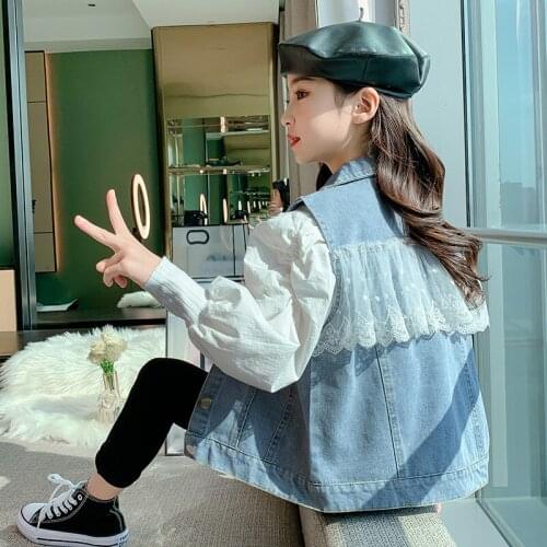 Spring Summer Baby Girl Vest Denim Lace 110-160 Kid Clotting Girls Kids Roupa Infantil Menino Kamizelka Dziecko