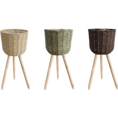 Nordic Style Floor Woven Round Storage Basket with Wooden Legs Plant Pot Stand Holder Flowerpot Planter Organizer S03 21