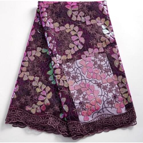 Zhenguiru New Hight Quality Red Wine African Lace Fabric Sequined Mesh French Tulle Nigeria Fabric For Women Wedding Dress A2353