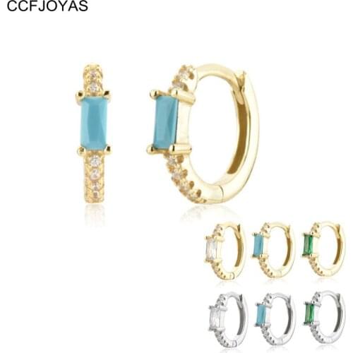 CCFJOYAS 100% 925 Sterling Silver White/Green/ Turquoise Mini Rectangle Zircon Hoop Earrings for Women Earrings Fine Jewelry