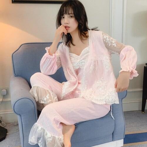 Spring Women Pajamas Sets with Pants Cotton Sleepwear Cute Lace 3 Pieces V-Neck Double Gauze Thin Nightwear Pijama Nightsuit