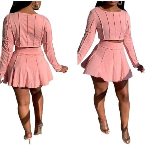 Street Womens Solid Outfits Acitve Long Sleeve Tops and Pleated Shorts Skirts Matching Two Piece Set Sport Tracksuit Sweatsuit