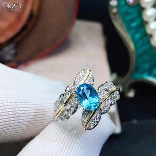 Luxurious Leaf Feather flowers Natural blue topaz gem Ring S925 Silver Natural Gemstone Ring Women girl party gift fine Jewelry