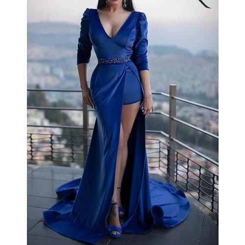 Sexy Royal Blue Mermaid Beads Engagement Formal Evening Dress V Neck Half Sleeve Court Train Prom Party Gowns Abendkleider 2021