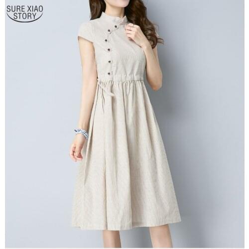 New Vintage Cotton And Hemp Green Apricot blue Striped Short Sleeve Women Dress Summer Casual Loose Mid-Calf Lady Dress 4960 50