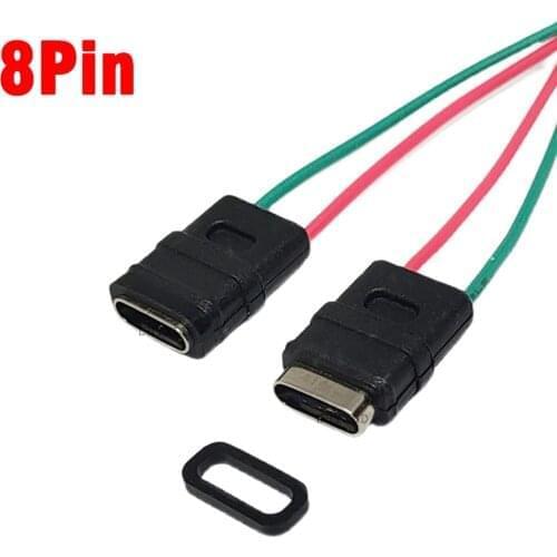 1-10Pcs USB 3.1 Connector Type-C 8Pin 2 Welding Wire Female Waterproof Female Socket Rubber Ring High Current Fast Charging port