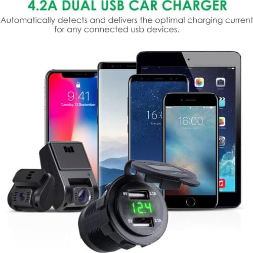 12V/24V 4.2A Dual USB Car Motorcycle Charger Socket Intelligent Charging Adapter Outlet LED Voltmeter Waterproof