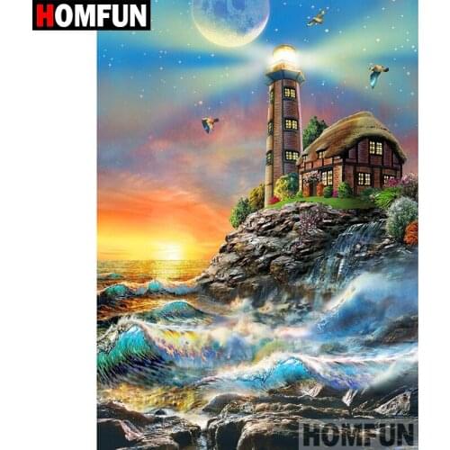 HOMFUN Full Square/Round Drill 5D DIY Diamond Painting "Ocean Lighthouse" Embroidery Cross Stitch 5D Home Decor Gift A08165
